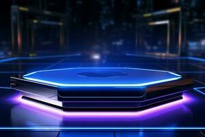 AI generated Futuristic glow Metallic podium illuminated by neon lights for tech photo