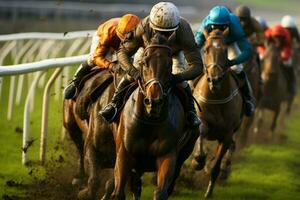 ai generado tremendo pezuñas el emoción de un caballo carrera en lleno columpio ai generado foto