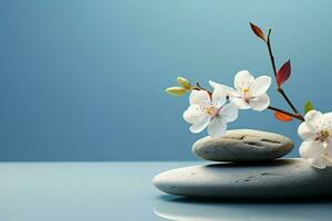AI generated Lying stone and flowers on a serene light blue background photo