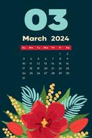 Floral March 2024 calendar template. With bright colorful flowers and leaves. vector