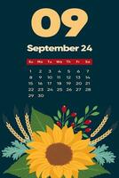 Floral September 2024 calendar template. With bright colorful flowers. vector