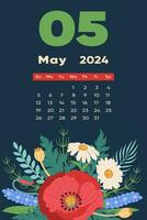 Floral May 2024 calendar template. With bright colorful flowers and leaves. vector