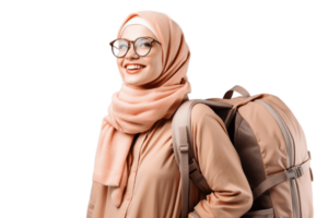 ai generiert islamisch Mädchen Tourist tragen Sonnenbrille Rucksack auf transparent Hintergrund. ai png