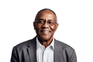 ai gerado Senior afro-americano homem de negocios sorridente retrato em transparente fundo. ai png