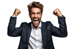 AI generated Successful Businessman Flexing Arms in Victory on Transparent Background. AI png