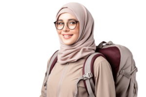 ai generato islamico ragazza turista indossare occhiali da sole zaino su trasparente sfondo. ai png