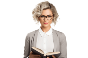 AI generated Female Teacher Holding a Book on Transparent Background. AI png