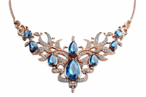 AI generated Golden Necklace with Blue Sapphire Gems and Diamonds Isolated on a Transparent Background. AI png