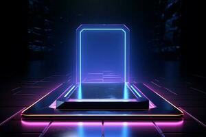 AI generated Futuristic showcase Metallic podium illuminated by neon lights for tech promotion photo