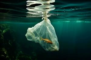 AI generated Underwater threat Plastic bag poses harm to the sea environment photo