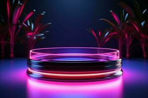 AI generated Dynamic presentation Cylinder podium with vibrant neon lighting for product showcases photo