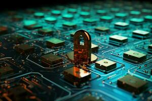 AI generated Security in circuits Microchips and illuminated padlocks on electronic board photo