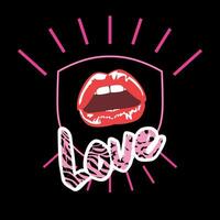 Love. T-shirt design with sensual red lips and a word. Illustration in pop art style. vector