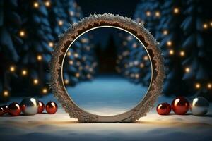 AI generated 3D circle frame a beautiful backdrop to celebrate Merry Christmas and Happy New Year AI Generated photo