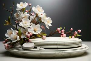 AI generated Elegant 3D podium on white, adorned with stones and vibrant flowers photo