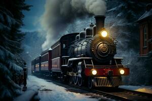 AI generated Christmas train rolling through a winter wonderland AI Generated photo