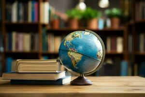 AI generated Educational exploration Earth globe surrounded by a collection of books AI Generated photo