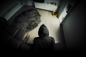 AI generated Home invasion Overhead view of a thief in a hooded sweatshirt photo
