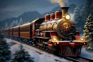 ai generado Navidad temática tren de viaje mediante un Nevado invierno paisaje ai generado foto