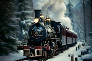 AI generated Magical winter ride A train adorned with Christmas decorations in a snowy setting AI Generated photo