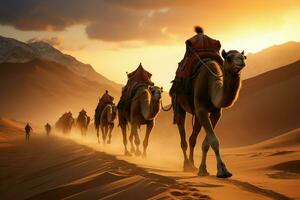 AI generated Majestic Sahara journey camel caravan crossing expansive sandy dunes photo