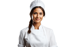 AI generated Female Chef Wearing Apron, Smiling with Whisk on Transparent Background. AI png