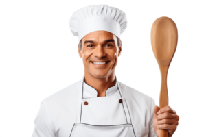 ai generiert männlich Koch mit Koch Hut halten ein hölzern Löffel auf transparent Hintergrund. ai png