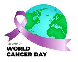 World cancer awareness day banner design concept. Purple ribbon on world map for February 4th stop cancer campaign symbol. Oncology prevention, detection and treatment. Vector eps print