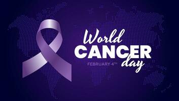 World cancer awareness day horizontal banner design concept. Purple ribbon for February 4th stop cancer campaign symbol. Attention to healthcare background. Vector eps illustration