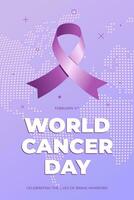 World cancer awareness day poster design concept. Purple ribbon for February 4th stop cancer campaign symbol. Vector eps placard