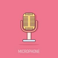 Microphone icon in comic style. Mic broadcast vector cartoon illustration pictogram. Microphone mike speech business concept splash effect.