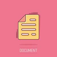 Document note icon in comic style. Paper sheet vector cartoon illustration pictogram. Notepad document business concept splash effect.