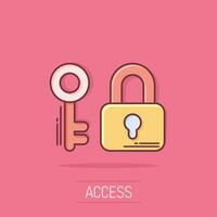 Key with padlock icon in comic style. Access login vector cartoon illustration pictogram. Lock keyhole business concept splash effect.