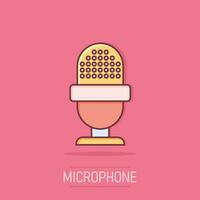 Microphone icon in comic style. Mic broadcast vector cartoon illustration pictogram. Microphone mike speech business concept splash effect.