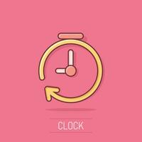 icono de temporizador de reloj de dibujos animados de vector en estilo cómico. pictograma de ilustración del concepto de alarma de tiempo. concepto de efecto de salpicadura de negocio de reloj cronómetro.