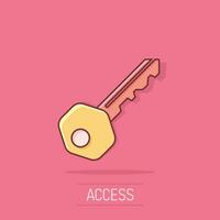 Key icon in comic style. Access login vector cartoon illustration pictogram. Password key business concept splash effect.