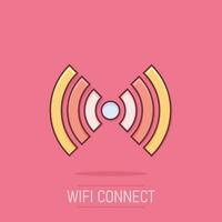 Wifi internet icon in comic style. Wi-fi wireless technology vector cartoon illustration pictogram. Network wifi business concept splash effect.