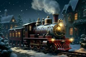 ai generado Navidad temática tren de viaje mediante un Nevado invierno paisaje ai generado foto