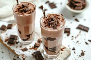 AI generated Chocolate milkshake or smoothie with pieces of chocolate on a white background. photo