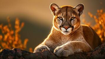ai generado un majestuoso Puma en un rocoso afloramiento a puesta de sol foto