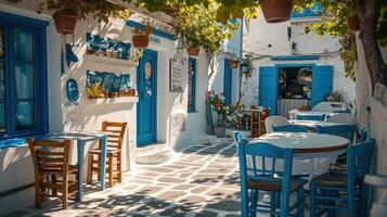 ai generado griego cultura con tradicional blanco y azul griego arquitectura, taberna foto