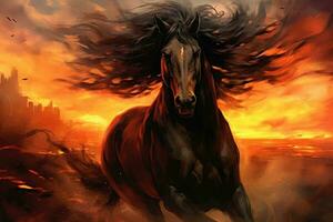 AI generated A horse with long hair running in front of a fiery sky photo