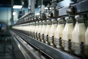 AI generated Milk factory. Robotic factory line for processing and bottling of milk. photo