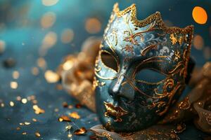 AI generated Festive Venetian carnival mask with gold decorations on dark blue background. photo