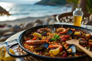 ai generado tradicional Mariscos paella en el pan en un mesa por el mar. foto