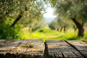 AI generated Empty old wooden table for product display with natural green olive field and green olives photo