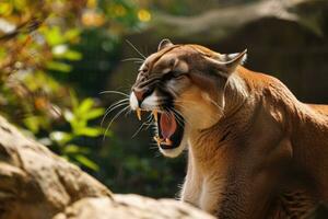 AI generated Roaring cougar or mountain lion hunts its prey photo