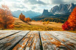 AI generated Empty wooden table top on blurred background of autumn colorful landscape in Dolomites - for display of your products photo