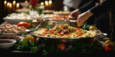 AI generated Catering buffet food on a long table in a hotel restaurant photo