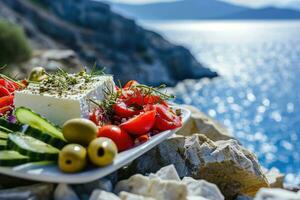AI generated Greek salad with tomatoes, cucumbers, white feta cheese, olives and the sea in the background photo